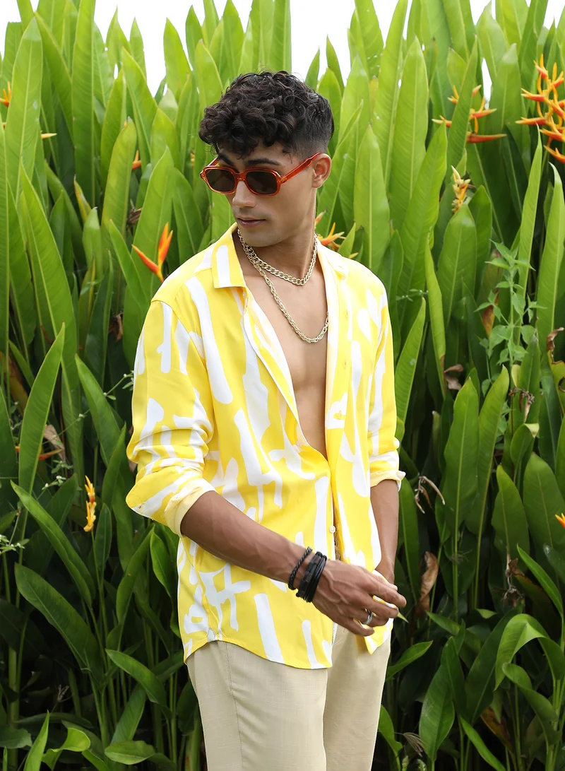 CAHOOT  Men's Lemon Yellow Abstract Print Shirt For Everyday Wear | Spread Collar |  Button Closure | Long Sleeve | Heavy Rayon Shirt Crafted With Comfort Fit For Everyday Wear for Men | Best Price UAE